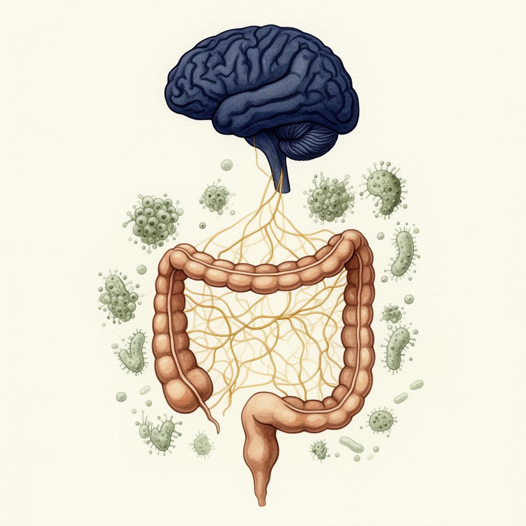 Illustration éditoriale : axe intestin-cerveau, bactéries, champignons et signaux neuronaux