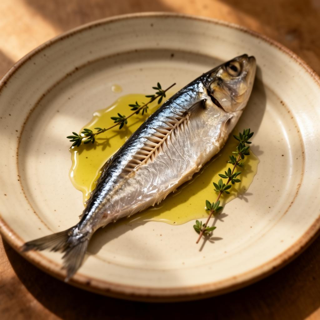 Sardine ouverte sur assiette en céramique avec huile d'olive et thym