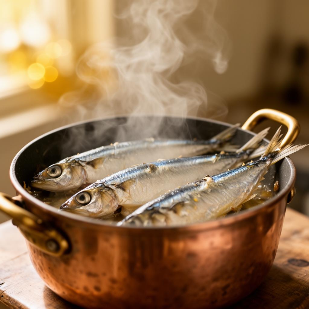 Sardines à la vapeur dans une casserole de cuivre, fine fumée