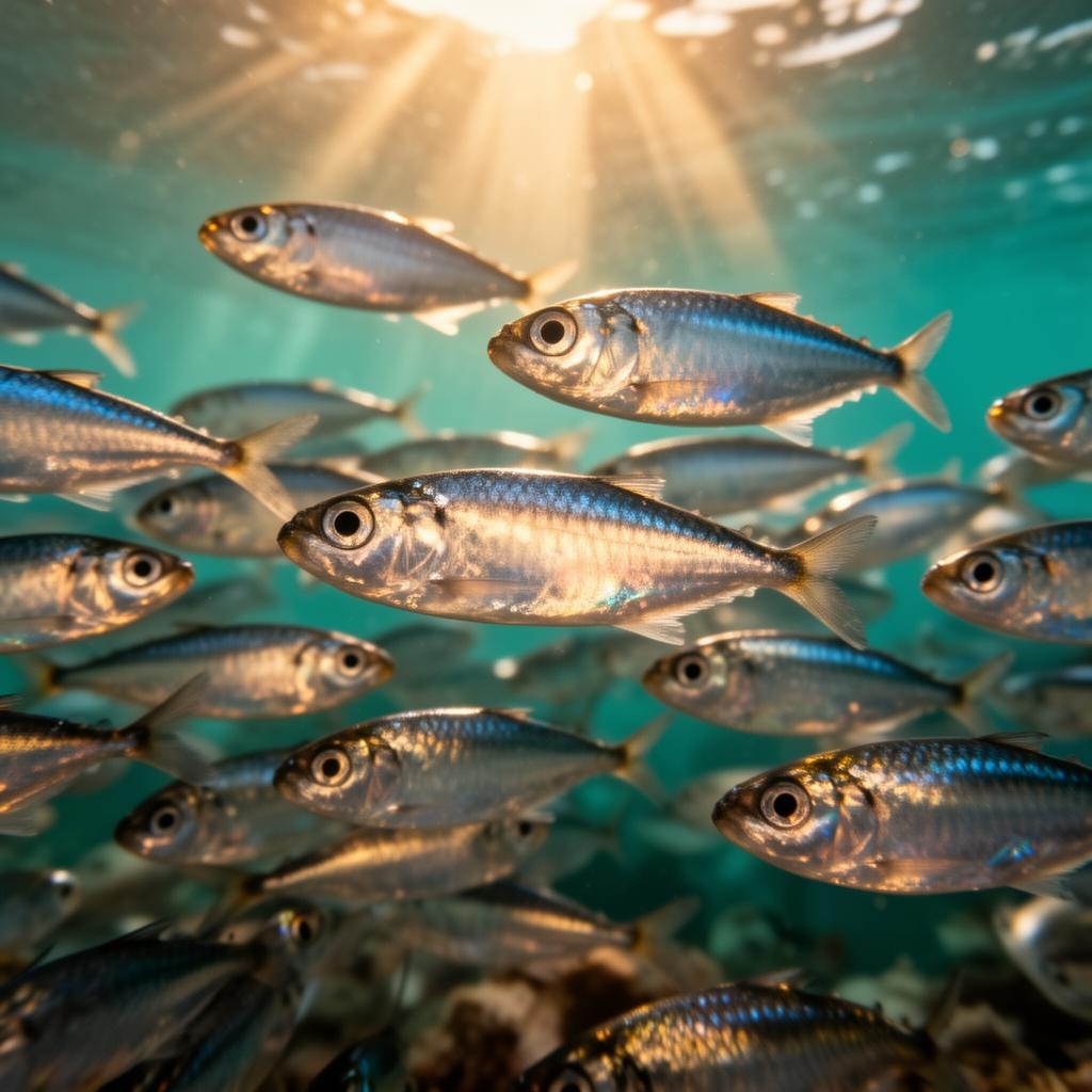 Banc de sardines argentées dans une eau d'été ensoleillée