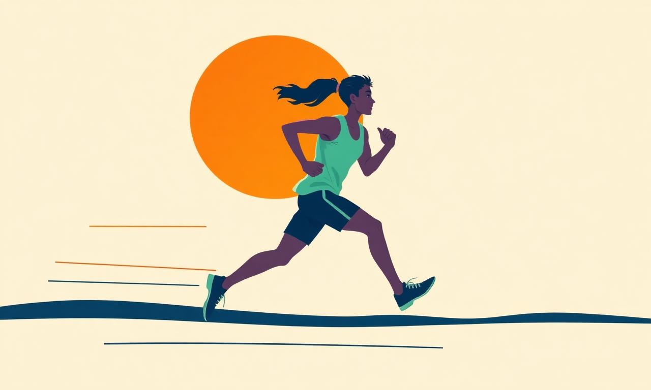 Coureuse en plein mouvement devant un soleil orange