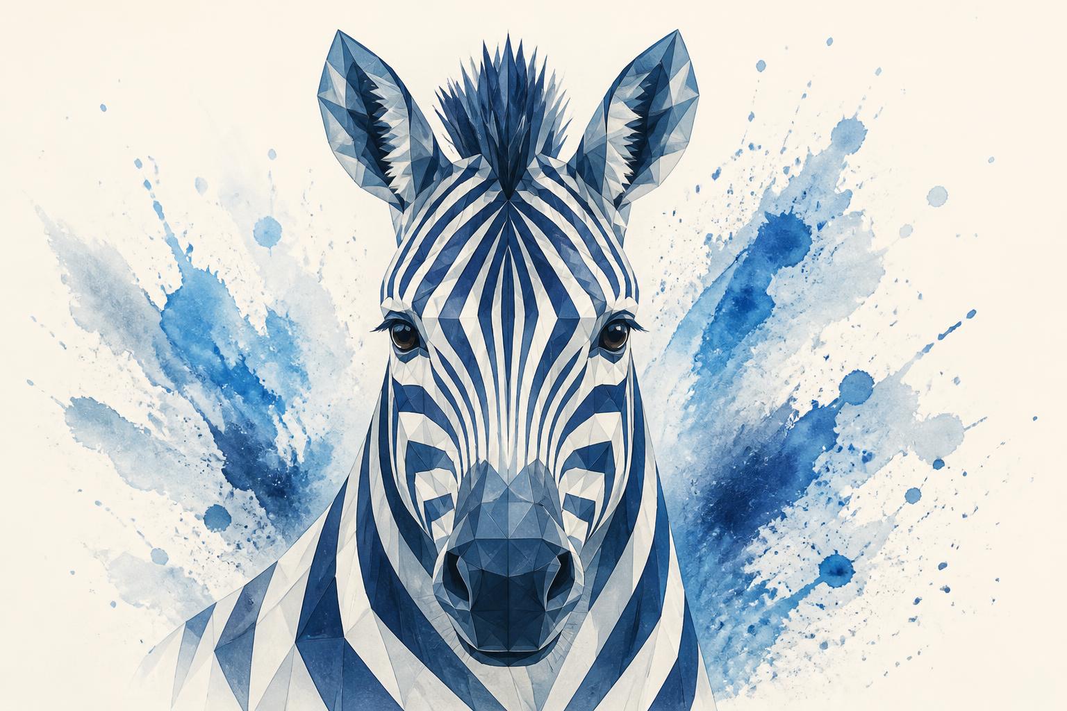 Zèbre polygonal avec éclaboussures bleues, métaphore du double profil TDAH/HPI