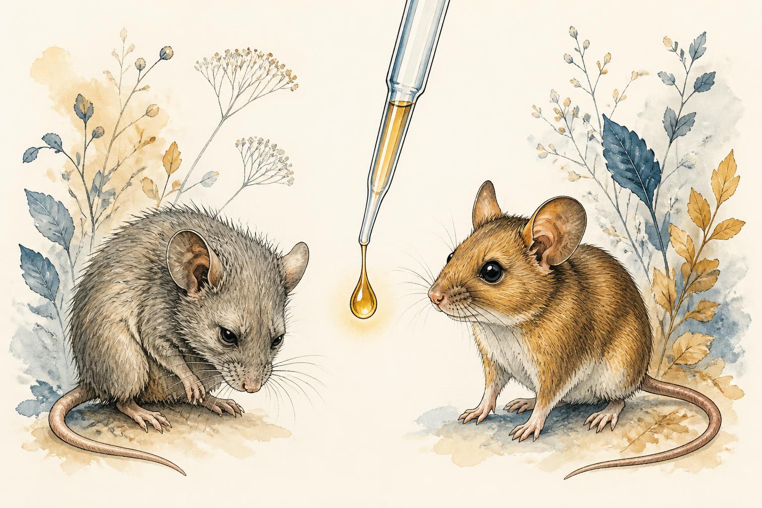 Illustration aquarelle : à gauche une souris âgée au pelage grisonnant, au centre une pipette de laboratoire libérant une goutte dorée, à droite une souris plus jeune au pelage vif.