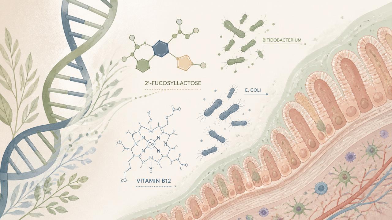 Illustration éditoriale : ADN, intestin, microbiote et molécule de 2'-fucosyllactose
